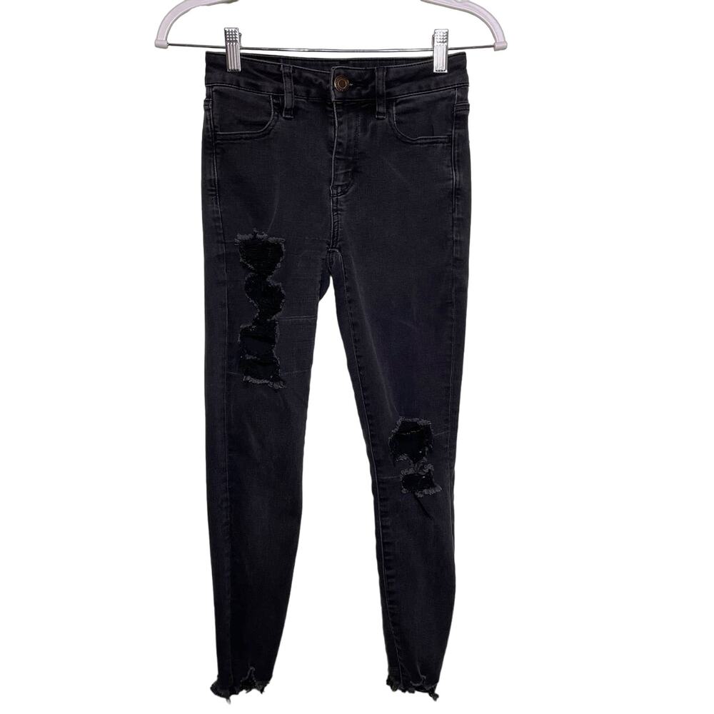 American Eagle Mid-Rise Distressed Denim Jegging Jeans Black Grunge Goth Punk 0